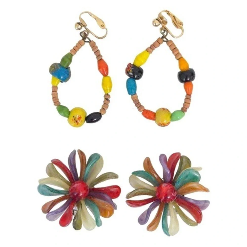 Vintage Beaded Floral & Wooden Teardrop Dangle‎ Boho Clip Earrings (Set of 2)